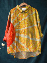 Women's Artistic Sun Abstract Lines Print Casual Cotton And Linen Ruffle Shirt